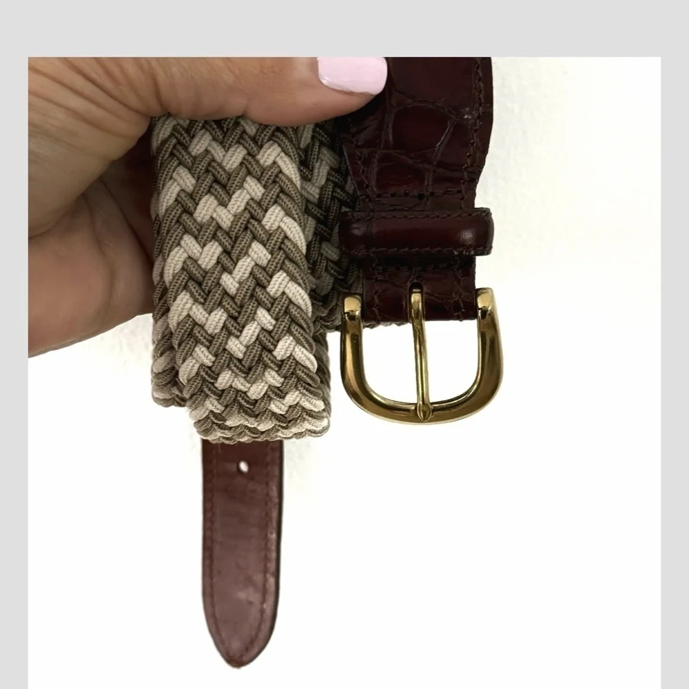 Crookhorn Belt Brown Croc Woven Braided Taupe Cream Brass Buckle Size 44